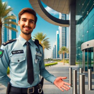 A security guard in a professional uniform stands confidently at the entrance of a modern building, maintaining a vigilant and approachable presence.