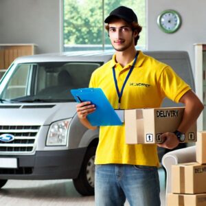 A delivery driver wearing a uniform and cap stands beside a van holding a package, ready for delivery. The background shows an urban street setting with buildings and parked vehicles.