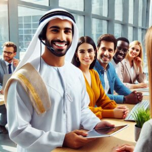 A customer service representative wearing a headset sits at a modern office desk, smiling confidently while assisting a customer on a call.