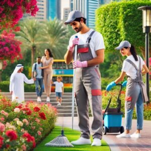 A professional cleaner in a uniform uses cleaning equipment to sanitize and polish a modern office space, ensuring a spotless and hygienic environment.