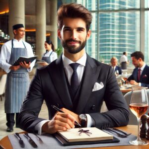 A confident man in a black suit sits at a restaurant table with a notepad and pen, surrounded by a professional dining atmosphere. Behind him, chefs and servers in uniforms attend to customers in a modern setting with large glass windows.