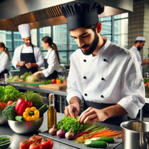 A sous chef in a professional chef's uniform skillfully prepares a gourmet dish in a modern, well-equipped kitchen, surrounded by fresh ingredients and culinary tools.