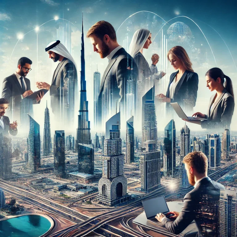 "Professionals collaborating in front of the UAE skyline, symbolizing career opportunities with top companies in 2024."