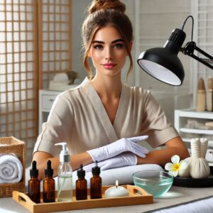 A beauty therapist in a spa uniform carefully applies a facial mask to a client lying on a treatment bed in a serene and well-lit spa setting.