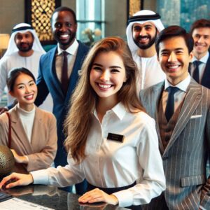 A front desk agent in a professional uniform stands behind a sleek hotel reception desk, warmly greeting a guest with a smile in a modern, luxurious lobby setting.